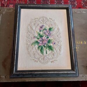 Vintage Framed Floral Crewel Embroidery Hand Stitched Wall Art Black Frame 16x13